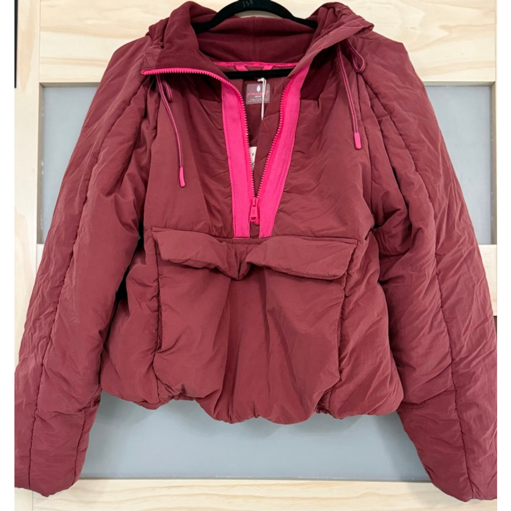 FP Movement by Free People Maroon Puffer Jacket with Hot Pink Trim